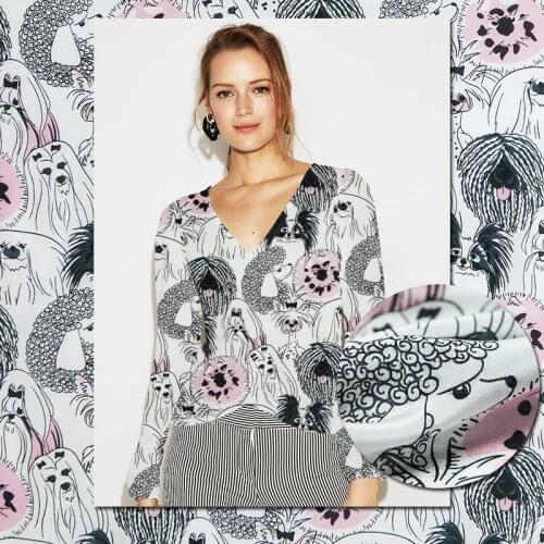 Defect Sale: Abstract animal-dogs print pure silk crepe de chine fabric,sewing for shirt,blouse,dress,skirt,craft by the yard