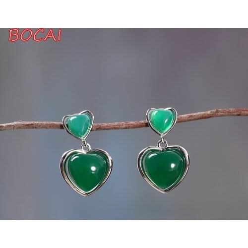 S925 silver inlaid green chalcedony peach heart earrings fashion simple womens earrings