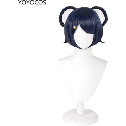 YOYOCOS Genshin Impact Xiangling Wig Cosplay Blue Short Figure 8 Braid Synthetic Hair Heat Resistant Halloween Carnival Party