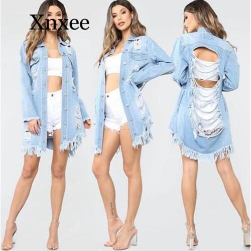 2020 Fashion Autumn Sexy Hole Tassel Female Demin Jeans Jacket Women Loose Long Jacket Outerwear Coat Casaco Feminino Streetwear