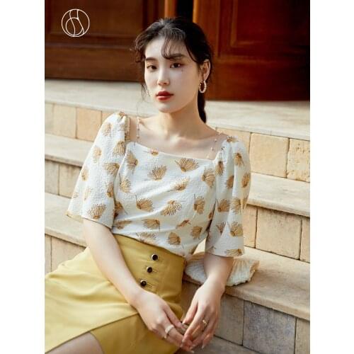 DUSHU Texture Square Neck Chiffon Shirt Women 2021 Summer New Lotus Leaf Short Sleeved Flower Blouse Womens Tops