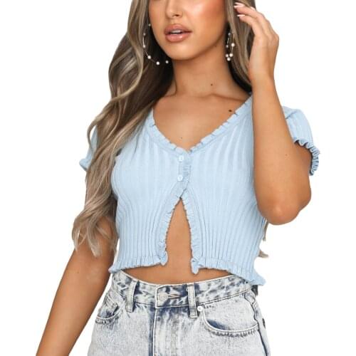 4-Color Women Casual Knitted Solid Color T-Shirt Short-Sleeved Ribbed Knitted Thin Woolen Sweater Sexy Breasted Female Crop Top