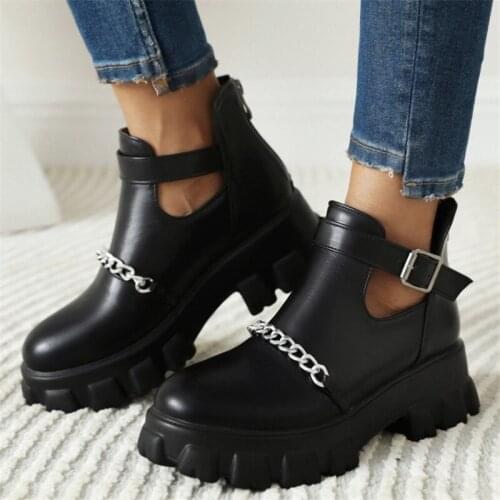 PXELENA Large Size 34-46 Metal Chain Women Punk Rock Gothic Motorcycle Combat Ankle Boots Buckle Chunky Platform High Heel Shoes
