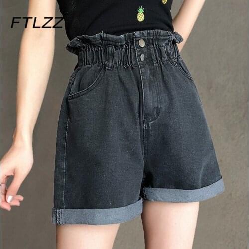 Harajuku Denim Shorts Women Vintage High Waisted Wide Leg Jeans Shorts Summer Vintage Black Pockets Short