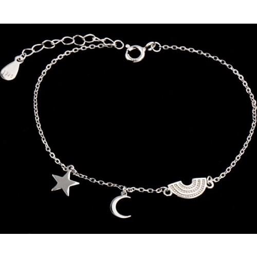 Pure 925 Sterling Silver Chain Bracelet Rose Gold Elegant Sweet Star Moon Rainbow Charms Bracelet for Women Statement Jewelry