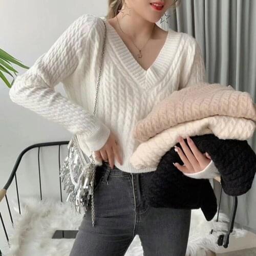 Twisted Knitted Autumn Sweater Women V-Neck Long Sleeve Winter Jumpers Elegant Casual Loose Pullovers Knitwear Vintage M022