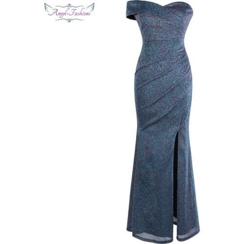 Angel-fashions Womens Elegant Evening Dresses Long Off Shoulder Pleated Slit Formal Party Gown Blue 443