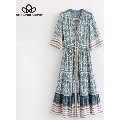 Bella Phislosophy 2018 summer beach women dress v-neck sashes ladies vestidos drapped high waist