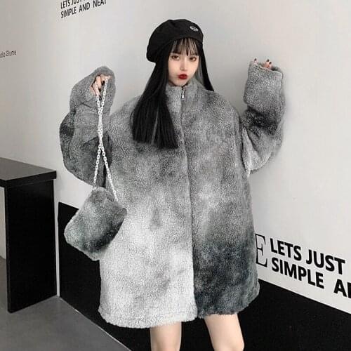 Winter Thicken Coat Women Tie-Dye Zipper Lamb Cardigan Casual korean Retro Loose Warm Harajuku Oversize Vintage Outwear + Bag