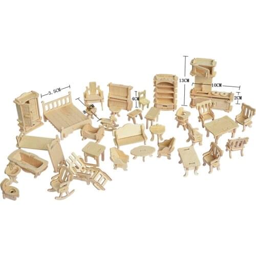 1SET=34PCS , AIBOULLY Wooden Doll House Dollhouse Furnitures Jigsaw Puzzle Scale Miniature Models DIY Accessories Set