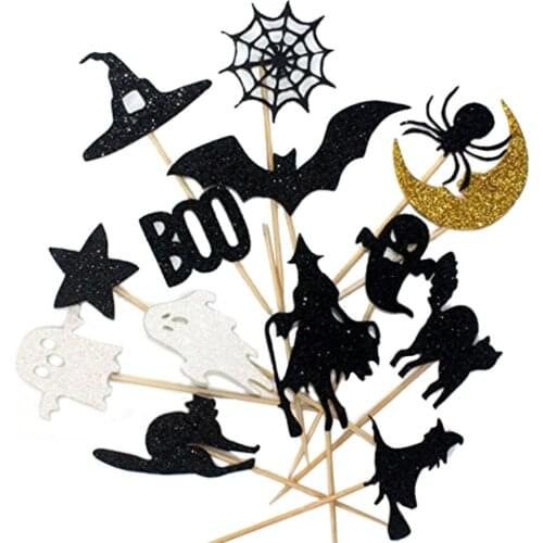 14Pcs Halloween Cake Topper Cupcake Wrappers Boo Pumpkin Elf Spider Ghost Witch Hat Bat Dessert Cake Decorations