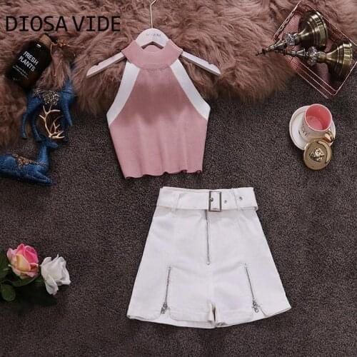 2019 hang short sleeveless top of neck type knitting coat high waist jeans straight pants suit