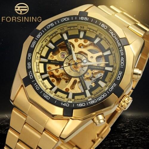 Forsining Brand Fashion Automatic Men Watches Stainless Steel Bracelet Skeleton Mechanical Wristwatches with Gift Box