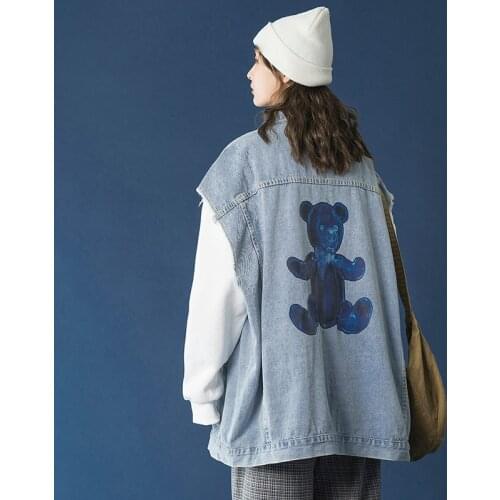 Oversized Blue Bear Denim Vest Women 2021 Vintage Plus Size Korean Jean Vest Ladies Kpop Sleeveless Cardigan Tank Top Jacket
