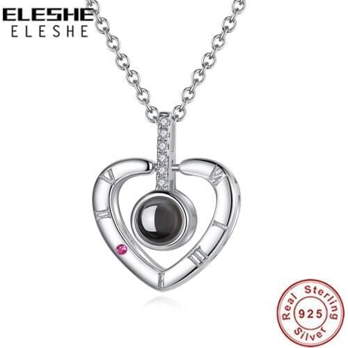 ELESHE Wholesale 925 Sterling Silver 100 Language I love You Necklace With Crystal Heart Necklace For Women Valentines Day Gift