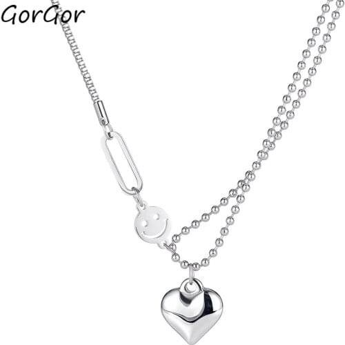 GorGor Necklace Women Stainless Steel Pattern Heart with Smiley Pendant Double Beads Temperament Anniversary Jewelry TX-1801
