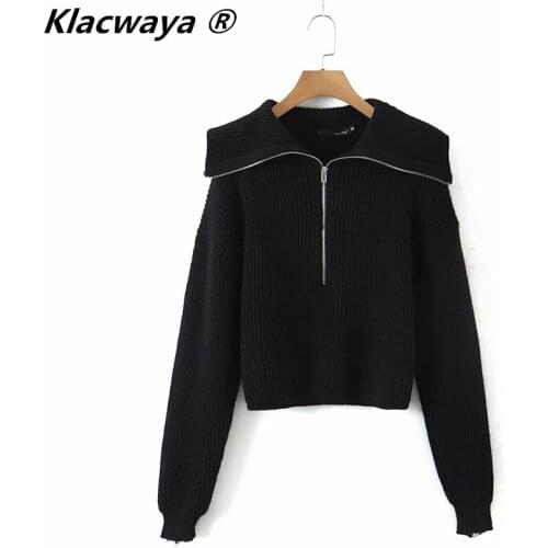 Klacwaya 2021 Woman Fashion Sailor Collar Casual Sweaters Autumn Female Zipper Pullover Knitted Vintage High Street Sweaters