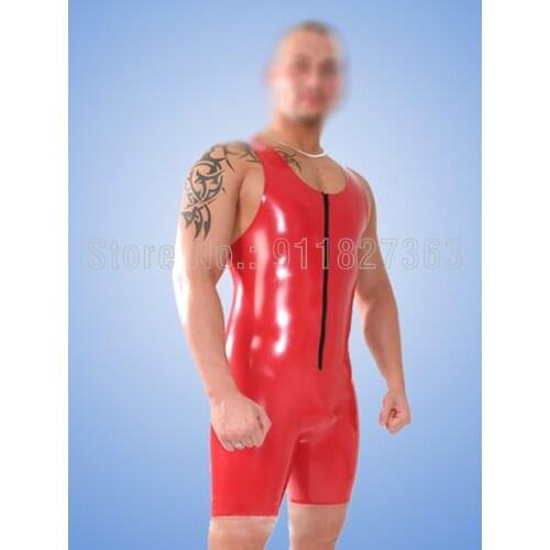 Handmade Latex Mens Sport Tight Suit Bodysuit Sleeveless U-neck Catsuit front zipper