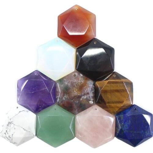 Natural Stone Pendant Hexagonal Plate Tiger Eye Onyx Opal Quartz For Jewelry Making Necklace 4PCS