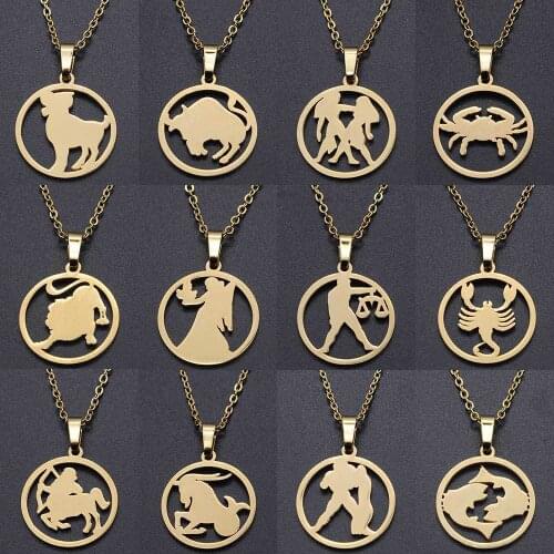 New Stainless Steel Star Zodiac Sign Necklace 12 Constellation Pendant Necklaces Women Gold Color Chain Men Choker Jewelry Gift
