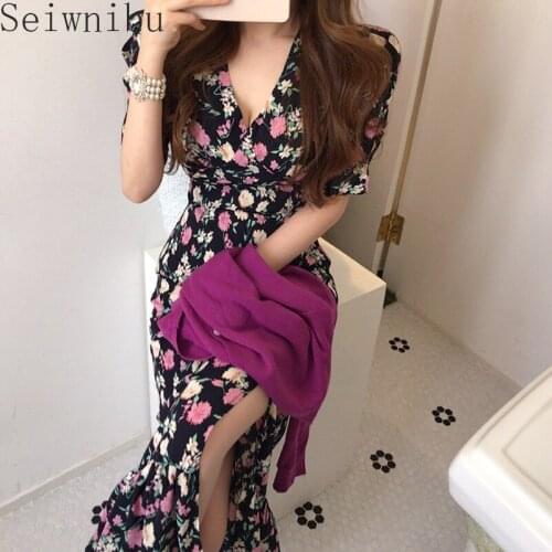 Vintage Chiffon Floral Dress Elegant Sweet LadyS Dress 2021 Summer New One-Piece Korean Fashion V-Neck Short Sleeve Long Dress