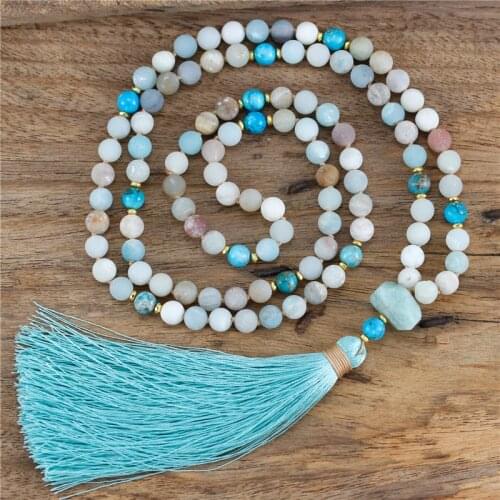 Chic Handmade Gemstones 108 Mala Amazonite Beads Long Tassel Necklace Bohemian Meditation Knot Jewelry Yoga Gifts Dropshipping