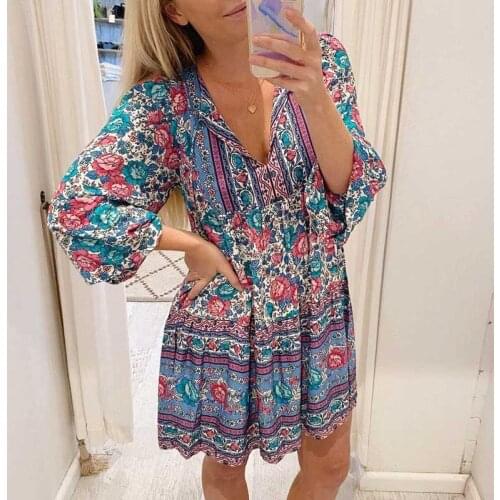Super Chic blue floral plus size dresses women cotton long sleeve baby-doll style dress tunic boho dress boehmian summer dress