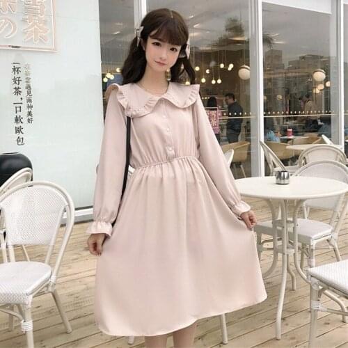 Japanese Waist Slimming Doll Collar Design Mid-Length Long Sleeve Dress Autumn Winter Women kawaii clothing sweet lolita dress