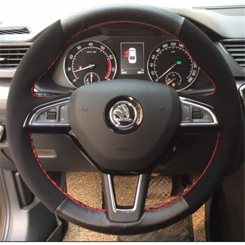 For Skoda SUPERB Octavia Superb Yeti Kodiaq DIY custom leather suede car interior steering wheel cover car accessories