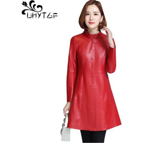 UHYTGF Quality sheepskin autumn winter leather jacket womens mid-length Stand collar slim female Genuine leather jacket 4XL 802