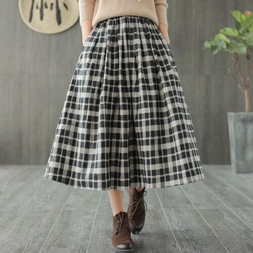 Free Shipping 2019 New Fashion 100% Cotton Long Mid-calf Skirts For Women Elastic Waist Plaid A-line Spring And Autumn Skirts