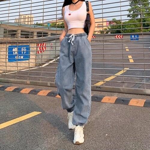 Womens Jeans Baggy Jeans High Waist Lace Up Blue Loose Washed Fashion Straight Denim Pants Tie Feet Vintage Streetwear Jeans