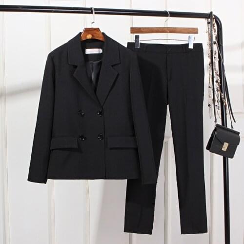 Womens plus size black office jacket casual professional suit pants suits 2020 new double-breasted ladies blazer Slim trousers