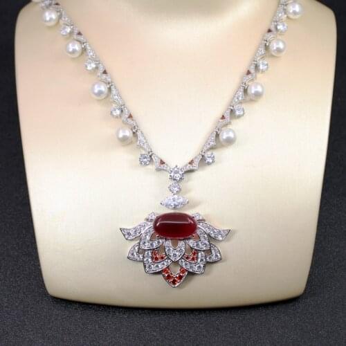 New Fashion Womens big ruby color cubic zircon and pearl Geometric flower necklaces Ladies silver color party Fine Jewellery