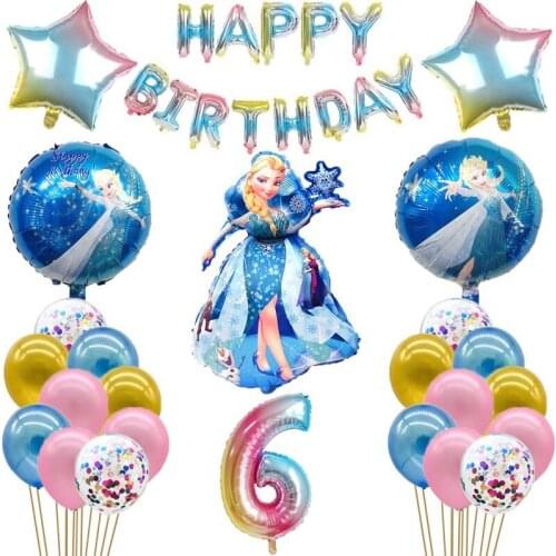 1Set Disney Happy Birthday Balloon Set Frozen Princess Elsa Aluminium Foil Number Balloon Baby Shower Party Wedding Deco Supply