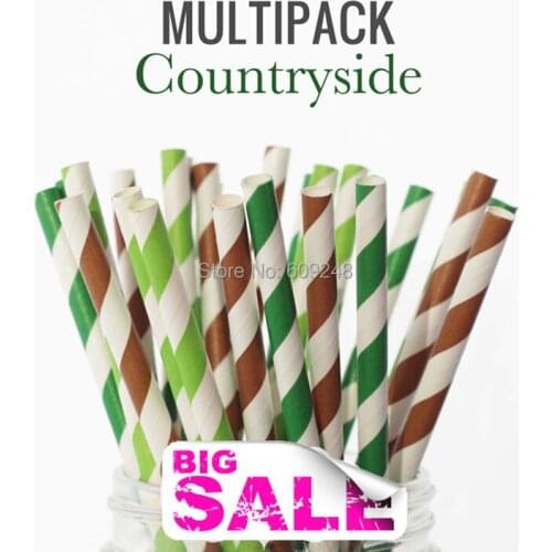 150pcs Mixed Colors Countryside Cute Paper Drinking Straws, Kelly Green, Lime Green and Brown Striped, Party Decorations