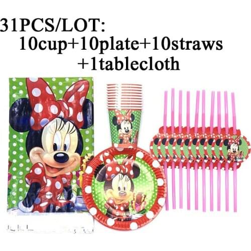 31PCS Disney Cartoon Red Minnie Mouse Theme Baby Birthday Party Supplies Decorations Kids Family Party Disposable Tableware Set