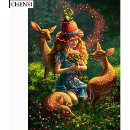 5D Diy Diamond Painting Full Drill Girl Fairy and Deer Diamond Embroidery Kit Cross Stitch Cartoon Mosaic Rhinestones Wall Decor