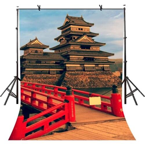 5x7ft Ancient Buildings Backdrop Red Bridge Ancient Building Photography Background and Studio Photography Backdrop Props