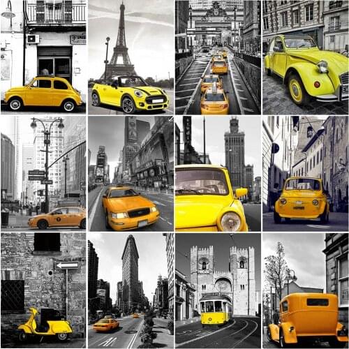 5D DIY Diamond Painting Black Yellow City Car Cross Stitch Kit Full Drill Embroidery Mosaic Art Picture of Rhinestones Decor