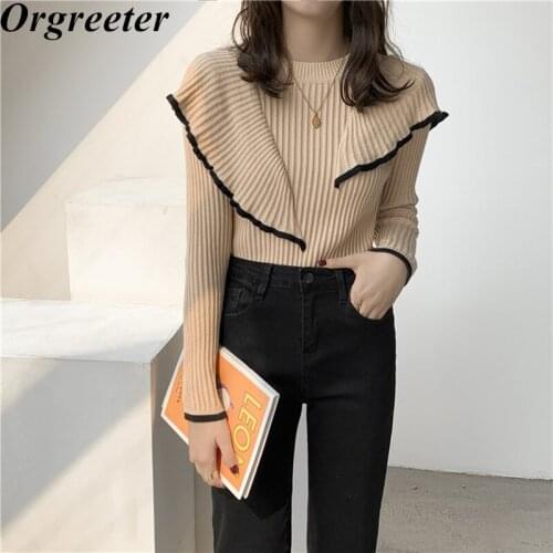 Basic Bottoming Knit Sweater 2020 Autumn New Ruffles Pullovers Tops Long Sleeve Knitted Patchwork Hit color Sweaters