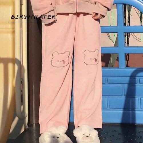 Harajuku Kawaii Corduroy Wide Leg Pants Lolita Soft Girl Pink Cartoon Korean Fashion Cute Trousers Female Oversize