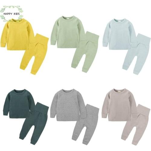 Children Pajamas solid color Clothing Set Kids Sleepwear Spring/Autumn Cotton Nightwear Boys Girls Pyjamas Set Body Suit Cute
