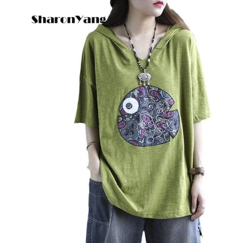 2021 Summer National Style Women Loose Hooded Plus Size Casual Cotton Sweater T-shirt Oversize 50-80kg Women Tshits White Tops