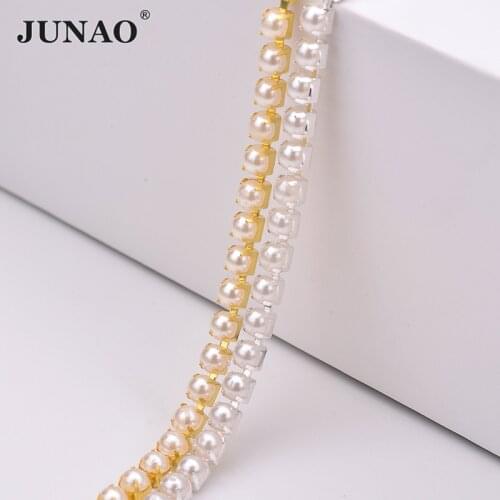 JUNAO 10 Yards SS6 SS12 SS16 Gold Silver Claw Base Pearl Rhinestones Cup Chain Sew On Glass Crystal Trim for Needlework