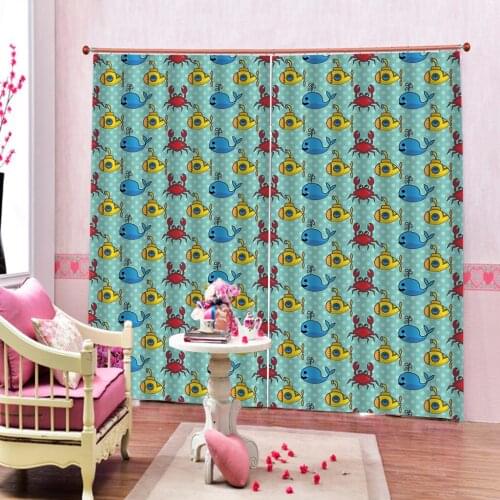 Cartoon 3D Curtains Cute Crabs dolphin Blue white point Background Digital Print For Living Room Bedroom Window Drapes