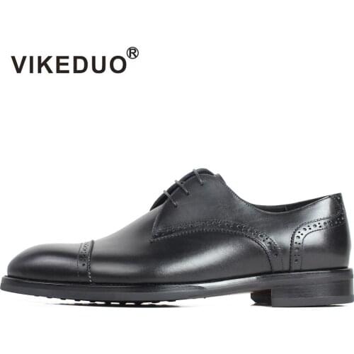 VIKEDUO Handmade Calf Leather Mens Shoes Plain Black Flat Wedding Office Business Dress Shoes Male Patina Derby Mans Footwear