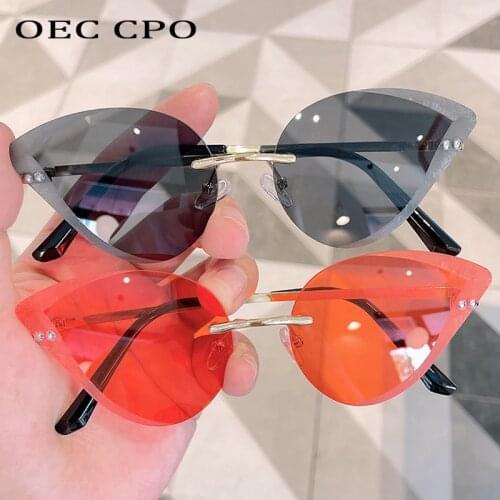 OEC CPO Ladies Cat eye Rimless Sunglasses Women Brand Designer Crystal Sun Glasses Female Fashion Alloy Framless Shades Eyewear