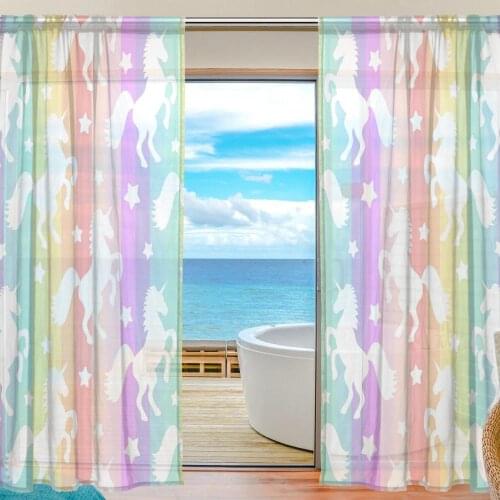 Unicorns On Colorful Stripes Sheer Curtains Blinds Kitchen Windows Treatment Voile Drapes Tulle Curtains For Living Room Bedroom