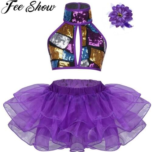 Baby Girls Dress Shiny Halter Dance Costume Sequins Strappy Crop Top With Tutu Dress Flower Hair Clip Set For Ballet Jazz